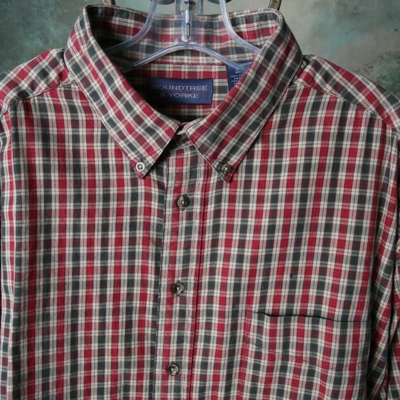 Roundtree and Yorke Mens Plaid Button Down Long Sleeve Shirt 2XL Green Red Khaki - Picture 4 of 6
